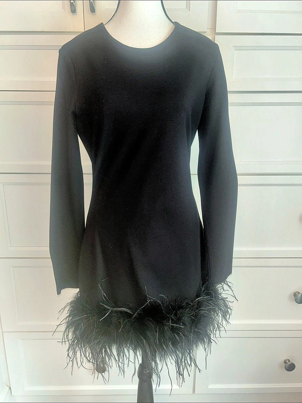 Lamarque Bahira Black Feather Hem Mini Dress Size Medium NWT